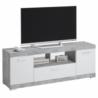 Meuble TV BEZIERS coloris gris béton et blanc 1 tiroir 4 plateaux 2 portes Meuble TV BEZIERS coloris gris béton et blanc 1 tiroir 4 plateaux 2 portes